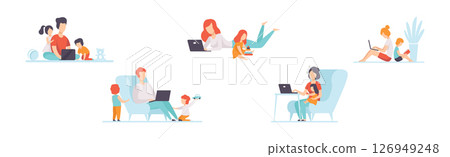 Parents Working with Their Children While Their Playing Next to Them Vector Set 126949248