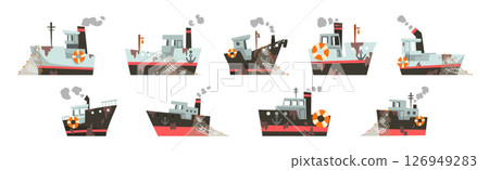 Fishing Nautical Ship and Sailing Boat with Net and Dirty Spots Vector Set 126949283