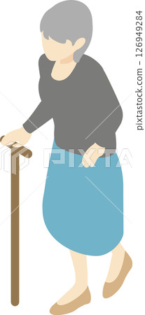 Isometric person, woman, senior, elderly, walking, cane, welfare, care, bird's-eye view, whole body, illustration material 126949284