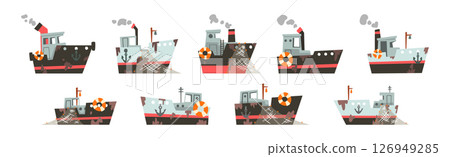 Fishing Nautical Ship and Sailing Boat with Net and Dirty Spots Vector Set Fishing Nautical Ship and Sailing Boat with Net and Dirty Spots Vector Set 126949285