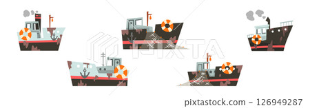 Fishing Nautical Ship and Sailing Boat with Net and Dirty Spots Vector Set 126949287
