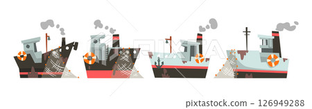 Fishing Nautical Ship and Sailing Boat with Net and Dirty Spots Vector Set 126949288