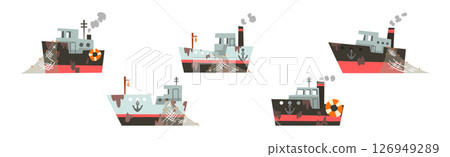 Fishing Nautical Ship and Sailing Boat with Net and Dirty Spots Vector Set 126949289