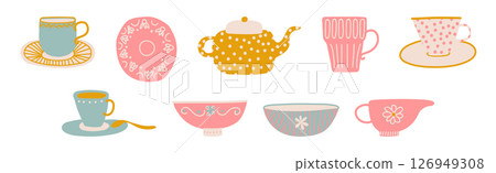 Ceramic Teapot and Cup for Tea Brewing and Drinking Vector Set Ceramic Teapot and Cup for Tea Brewing and Drinking Vector Set 126949308