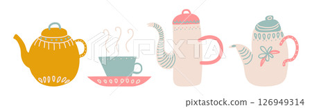 Ceramic Teapot and Cup for Tea Brewing and Drinking Vector Set Ceramic Teapot and Cup for Tea Brewing and Drinking Vector Set 126949314
