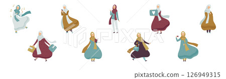 Arabic Muslim Woman Character in Hijab Engaged in Different Activities Vector Set Arabic Muslim Woman Character in Hijab Engaged in Different Activities Vector Set 126949315