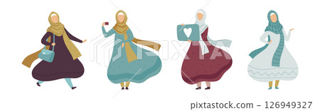 Arabic Muslim Woman Character in Hijab Engaged in Different Activities Vector Set Arabic Muslim Woman Character in Hijab Engaged in Different Activities Vector Set 126949327