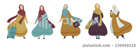 Arabic Muslim Woman Character in Hijab Engaged in Different Activities Vector Set Arabic Muslim Woman Character in Hijab Engaged in Different Activities Vector Set 126949328