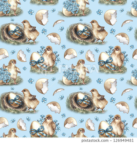 Easter seamless pattern with hatched chickens, decorated with nest eggs and forget-me-nots. The illustration is made in handmade watercolor. For textiles, prints, wrapping paper, napkins, tablecloths. Easter seamless pattern with hatched chickens, decorated with nest eggs and forget-me-nots. The illustration is made in handmade watercolor. For textiles, prints, wrapping paper, napkins, tablecloths. 126949481