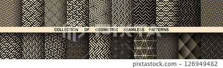 Geometric set of seamless black and golden patterns. Simple vector graphics Geometric set of seamless black and golden patterns. Simple vector graphics 126949482