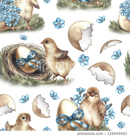 Easter seamless pattern with hatched chickens, decorated with nest eggs and forget-me-nots. The illustration is made in handmade watercolor. For textiles, prints, wrapping paper, napkins, tablecloths. Easter seamless pattern with hatched chickens, decorated with nest eggs and forget-me-nots. The illustration is made in handmade watercolor. For textiles, prints, wrapping paper, napkins, tablecloths. 126949483