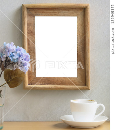 Stylish and modern interior design of kitchen space with small wooden table with a photo frame layout. Generative AI. Accessories and a cup of coffee. A bouquet of flowers. Cozy decor of a room. Stylish and modern interior design of kitchen space with small wooden table with a photo frame layout. Generative AI. Accessories and a cup of coffee. A bouquet of flowers. Cozy decor of a room. 126949575