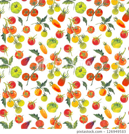 Trendy seamless Summer Tropical Bliss Vacation Seamless pattern with tomatoes and striped background. Acrylic style , Design for fashion , fabric, textile, and all prints 126949583