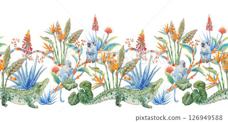 Horizontal Seamless watercolor pattern of tropical plants and monkeys, flowers, aloe, wild exotic blooms, and whimsical jungle vines. Perfect for wallpaper, textiles, and botanical-themed decor 126949588