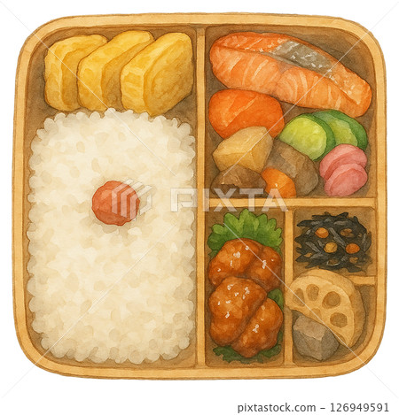 Colorful watercolor illustration of a bento lunch box 126949591