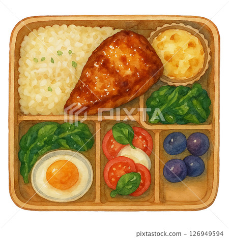 西式雞肉便當（含卡普雷塞蛋塔）的水彩插圖 126949594