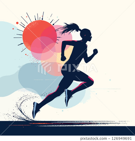 Vsai female athlete running towards the sun, empowering illustration of fitness and determination 126949691