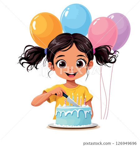 Vsai happy girl cutting birthday cake with balloons in background 126949696