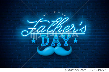 Happy Father's Day Banner Design with Glowing Neon Light and Typography Lettering on Blue Vintage Brick Wall Background. Vector Celebration Greeting Card Illustration for Loved and Best Dad. Template Happy Father's Day Banner Design with Glowing Neon Light and Typography Lettering on Blue Vintage Brick Wall Background. Vector Celebration Greeting Card Illustration for Loved and Best Dad. Template 126949773