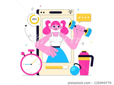 Virtual Fitness App Illustration Featuring People Enjoying Online Classes Using a Mobile Application to Promote Wellness and Healthy Lifestyle Trends 126949779