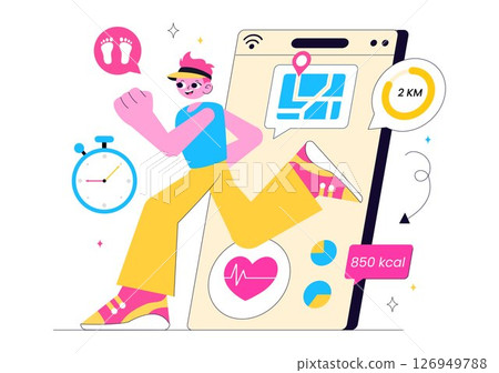 Virtual Fitness App Illustration Featuring People Enjoying Online Classes Using a Mobile Application to Promote Wellness and Healthy Lifestyle Trends 126949788