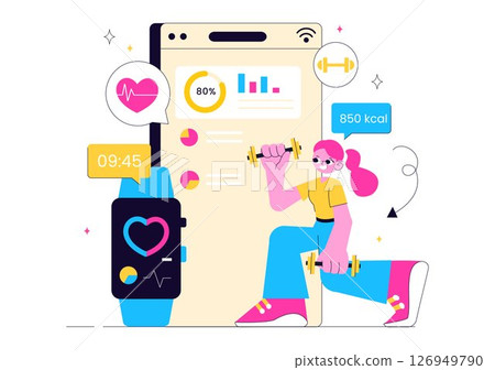 Virtual Fitness App Illustration Featuring People Enjoying Online Classes Using a Mobile Application to Promote Wellness and Healthy Lifestyle Trends Virtual Fitness App Illustration Featuring People Enjoying Online Classes Using a Mobile Application to Promote Wellness and Healthy Lifestyle Trends 126949790