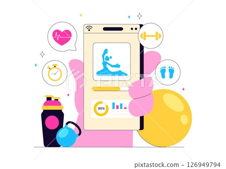 Virtual Fitness App Illustration Featuring People Enjoying Online Classes Using a Mobile Application to Promote Wellness and Healthy Lifestyle Trends Virtual Fitness App Illustration Featuring People Enjoying Online Classes Using a Mobile Application to Promote Wellness and Healthy Lifestyle Trends 126949794