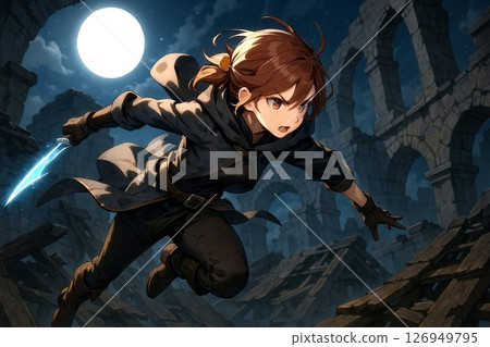A girl assassin with a dagger running through ruins under the full moon A girl assassin with a dagger running through ruins under the full moon 126949795