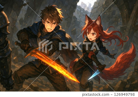 A fierce battle fantasy scene between a young warrior holding a sword and a girl with fox ears 126949798