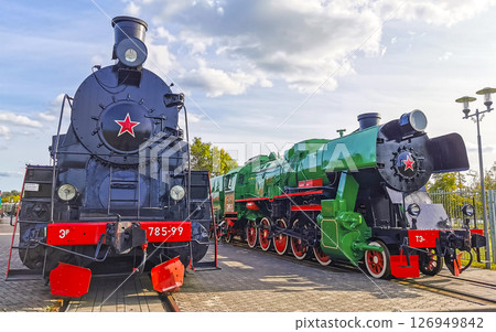 Classic vintage retro train trains steam locomotive locomotives in Belarus. 126949842