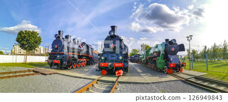 Classic vintage retro train trains steam locomotive locomotives in Belarus. 126949843