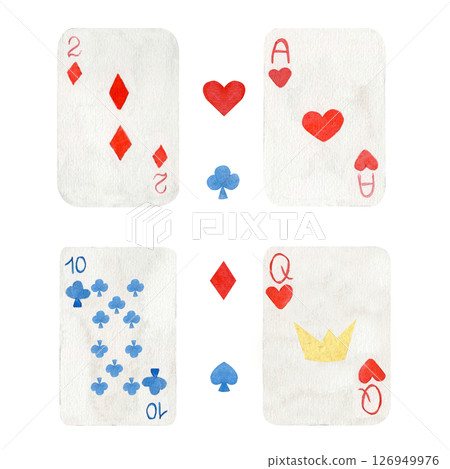 Watercolor illustration of four playing cards and suit symbols. Soft, hand-painted style. Ideal for greeting cards, games, childrens books, or whimsical graphic design projects. Watercolor illustration of four playing cards and suit symbols. Soft, hand-painted style. Ideal for greeting cards, games, childrens books, or whimsical graphic design projects. 126949976