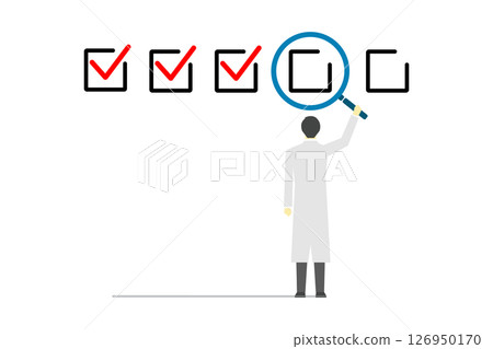 Illustration of a man wearing a white coat checking each check item using a magnifying glass 126950170