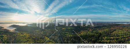 Drone panorama with wind turbines in a german forest at sunrise 126950226