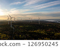 Wind turbine in forest at sunrise, drone aerial view 126950245