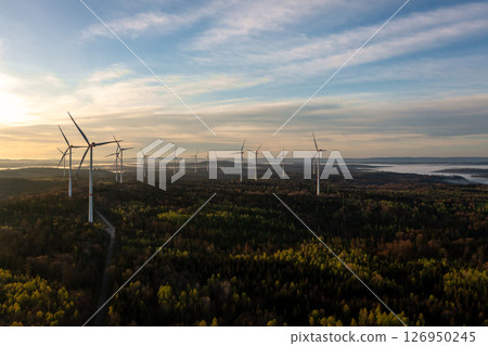 Wind turbine in forest at sunrise, drone aerial view 126950245