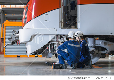 Train engineer working check inspecting railway track at Train station, advance engineering 126950325