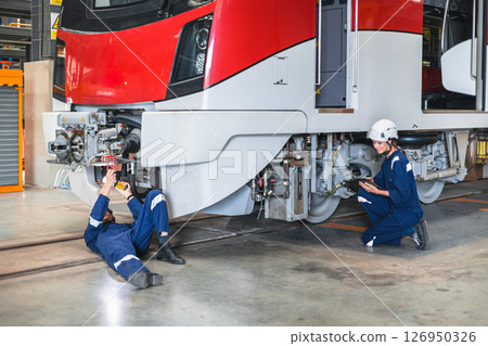 Train engineer working check inspecting railway track at Train station, advance engineering 126950326