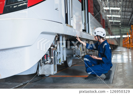 Train engineer working check inspecting railway track at Train station, advance engineering Train engineer working check inspecting railway track at Train station, advance engineering 126950329