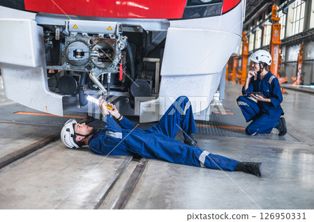 Train engineer working check inspecting railway track at Train station, advance engineering 126950331