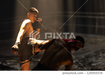 Muay Thai, Bare Knuckle Fighting street kick boxing fighters fighting action, Thai fight boxing Muay Thai, Bare Knuckle Fighting street kick boxing fighters fighting action, Thai fight boxing 126950334