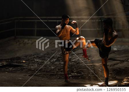 Muay Thai, Bare Knuckle Fighting street kick boxing fighters fighting action, Thai fight boxing Muay Thai, Bare Knuckle Fighting street kick boxing fighters fighting action, Thai fight boxing 126950335