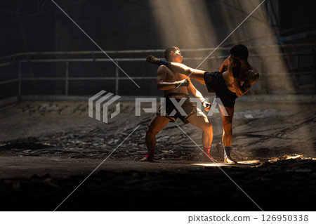 Muay Thai, Bare Knuckle Fighting street kick boxing fighters fighting action, Thai fight boxing Muay Thai, Bare Knuckle Fighting street kick boxing fighters fighting action, Thai fight boxing 126950338