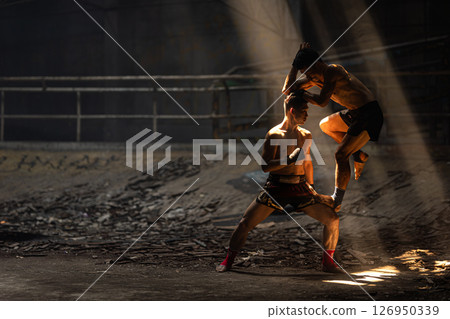 Muay Thai, Bare Knuckle Fighting street kick boxing fighters fighting action, Thai fight boxing 126950339