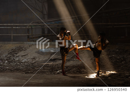 Muay Thai, Bare Knuckle Fighting street kick boxing fighters fighting action, Thai fight boxing 126950340