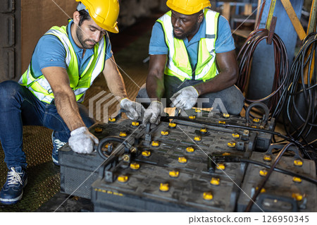 Engineer male workers working with old battery power supply using in train cabin heavy industry 126950345