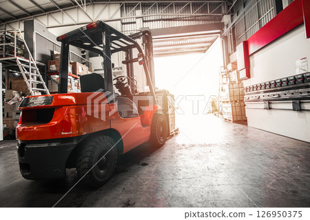 forklift truck in warehouse storage area wide angle view for industry cargo shipping logistics industry background forklift truck in warehouse storage area wide angle view for industry cargo shipping logistics industry background 126950375