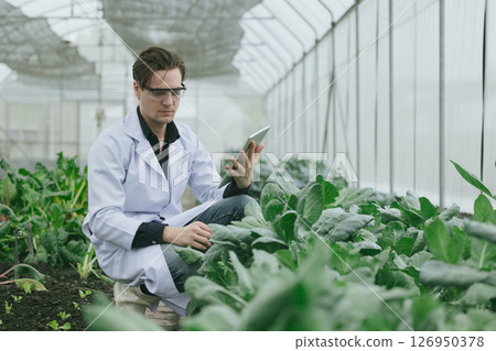 Scientist people working plant research in organic farm. Biologist study collecting plant grow data 126950378