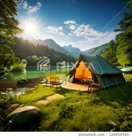 Refreshing summer outing scenery image, summer vacation camp 126950560