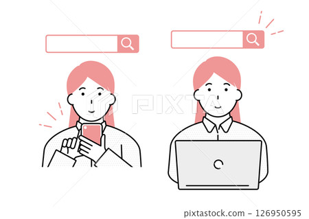 一位女士在智慧型手機或電腦上搜尋的插圖 126950595